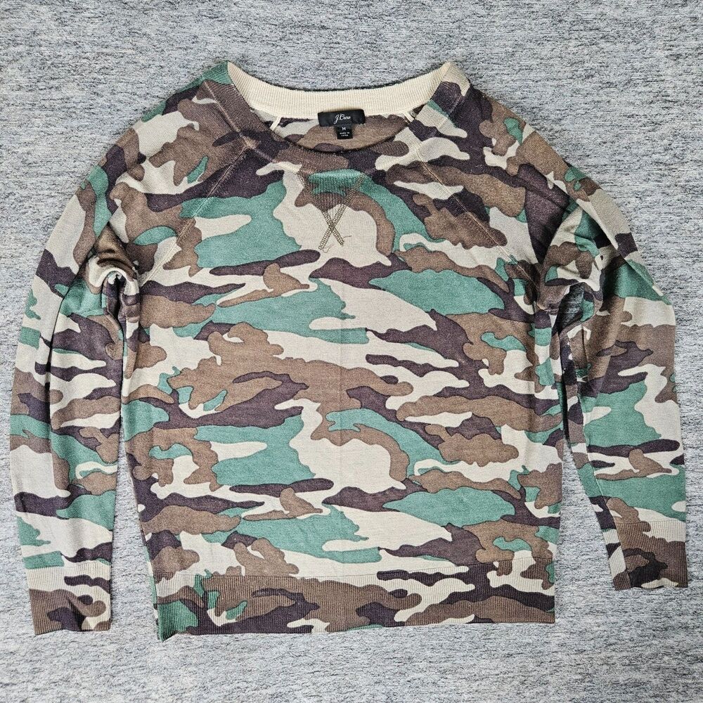 J Crew Tippi Crew Neck Green Camo 100% Merino Wool Sweater AC395 Women's Size M